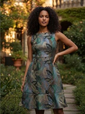 Carlisle Sleeveless Metallic Leaf-Print Midi Dress